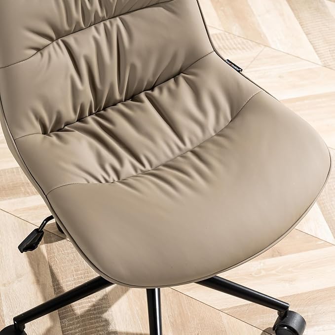 Kidol & Shellder Faux Leather Office Chair, Adjustable Swivel Height Task Chair, Rolling Wheels & Soft Backrest - Armless Ergonomic Desk Chair for Home, Office,Vanity,Gaming(Khaki)