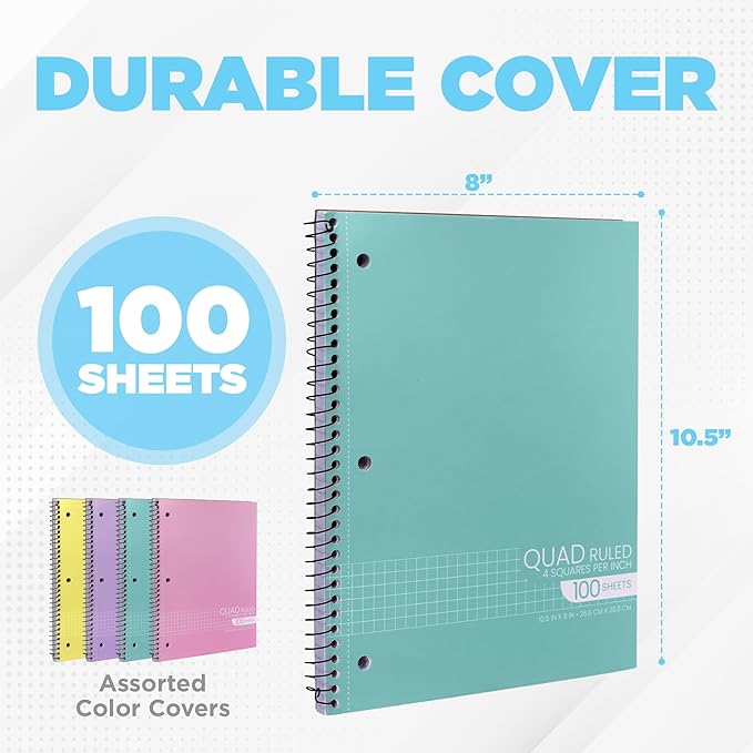 Graph Paper Spiral Notebook - Graph Paper Notebook, Quad Ruled Grid Notebooks, Perforated Pages - 10.5 X 8 Inches - 1 Subject Wirebound Notebook - Assorted Colors - 100 Sheets per Book - (Bulk - 48 Pack)