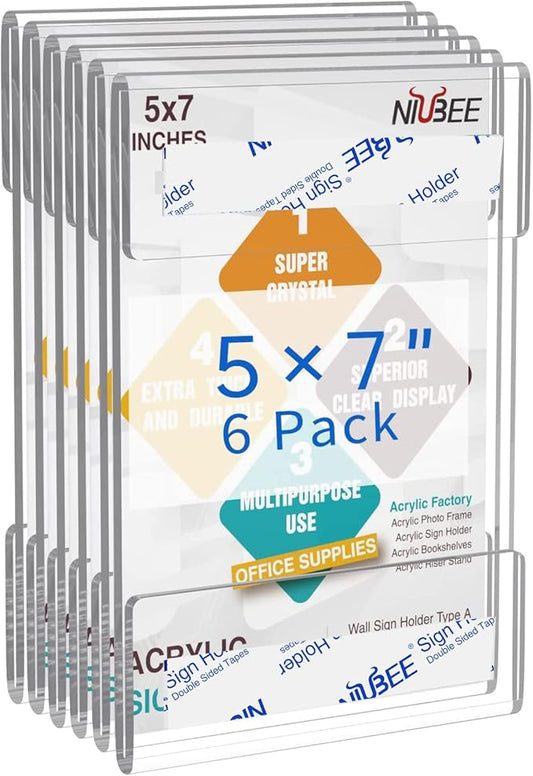 Niubee Acrylic Sign Holder 5x7 Vertical, Wall Mount Sign Holder Door Sign Holder Memo Holder Clear Wall Frame with Tape Adhesive for Office, Home, Store, Restaurant, No Drilling - Vertical (6 Pack)