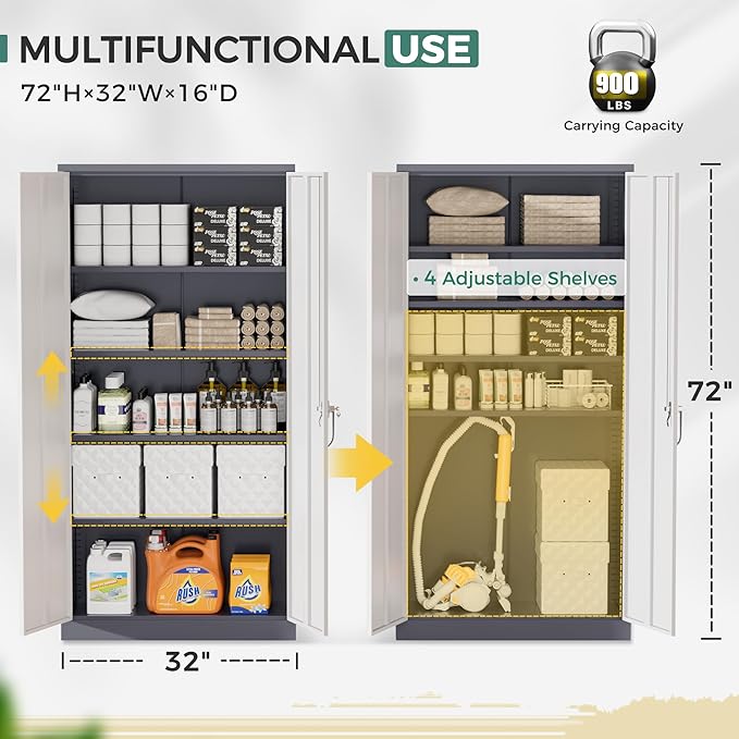 Greenvelly Metal Garage Storage Cabinet, Tall Steel Storage Cabinets with 2 Doors and 4 Adjustable Shelves, Metal Tool Cabinets, Locking File Cabinet for Home Office, Garage, School (Gray White)