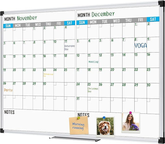 XBoard Magnetic Calendar Whiteboard 48" x 36" - 2 Month Dry Erase Board, White Board + Colorful Calendar Board, Silver Aluminium Framed Monthly Planning Board