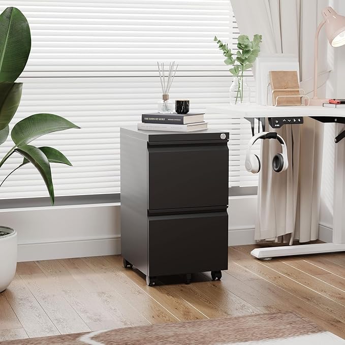 2 Drawer Metal File Cabinet with Lock, Rolling File Cabinets with Lock for A4/Legal/Letter Size, Under Desk Filing Cabinet for Home Office Assembly Required(Black)