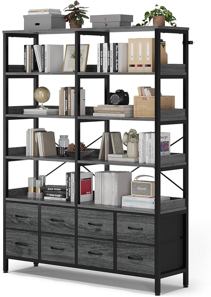 Bookshelf with 8 Fabric Drawers, 7-Tier Bookcase with Baffles Display Shelves, Industrial Large Book Shelf for Living Room Home Office, Grey