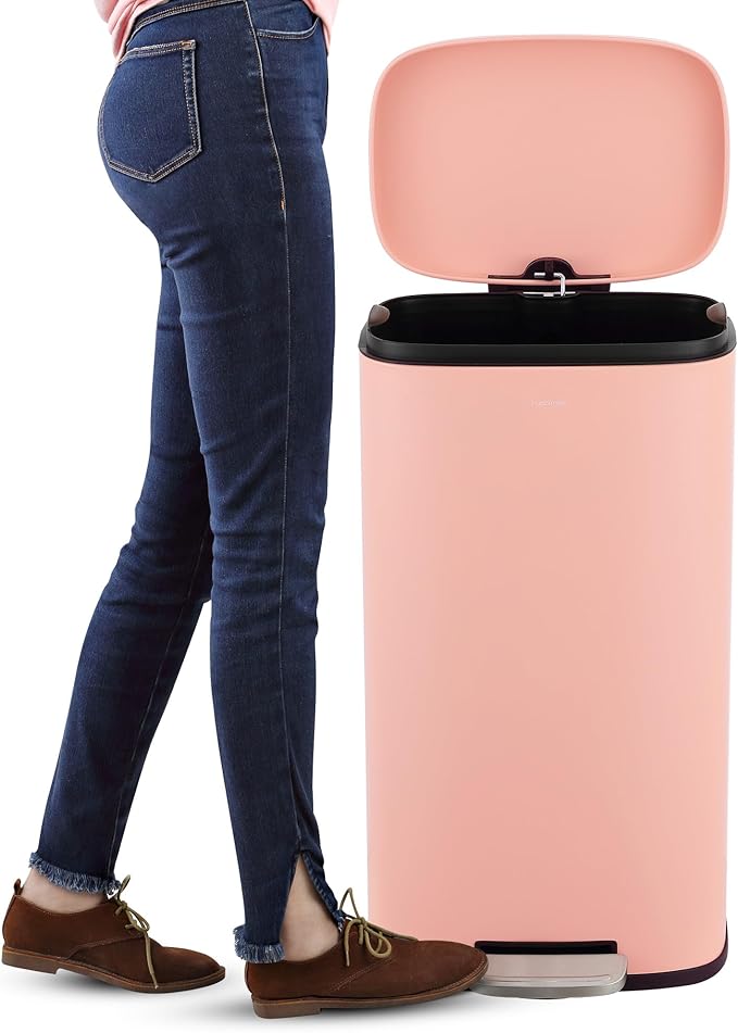 happimess HPM1006G Connor Rectangular 13-Gallon Trash Can with Soft-Close Lid and Free Mini Trash Can, Fingerprint Resistant, Modern, Minimalistic for Home, Kitchen, Office, Bathroom, Flamingo Pink