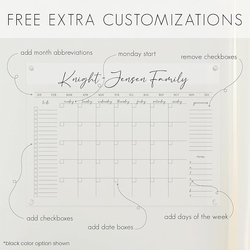 Personalized Clear Acrylic Calendar for Wall, Calendar Whiteboard for Wall, Dry Erase Wall Calendar, Wall Calendar Organizer System for Home (Cursive, Blush, 38"W x 26"H)