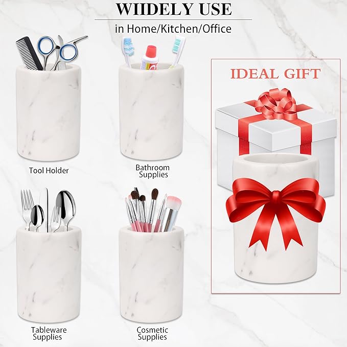 WORHE Natural Marble Pen Holder for Desk, Handcrafted Volakas Sturdy Desk Organizer for Office Supplies Storage Desktop Stationary Makeup Brushes Cup Pencil Holders for Home White (DL002)