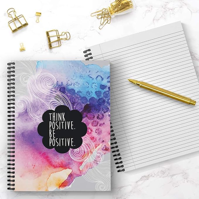 Softcover Think Positive 8.5" x 11" Motivational Spiral Notebook/Journal, 120 College Ruled Pages, Durable Gloss Laminated Cover, Black Wire-o Spiral. Made in the USA