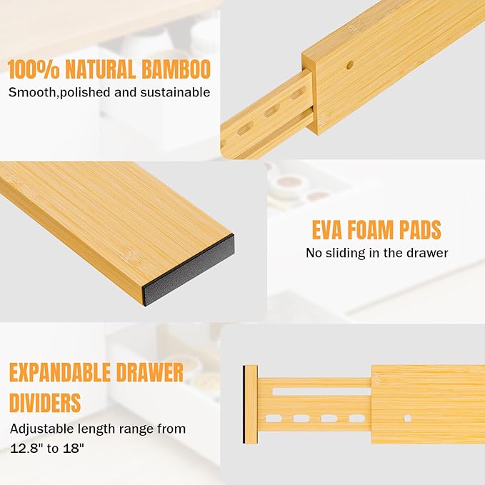 Bamboo Drawer Dividers 4" High, 12.8-18" Adjustable Drawer Organizers for Clothes,Expandable Dresser Separators in Bedroom/Kitchen/Bathroom/Office Organization and Storage,4 Pack