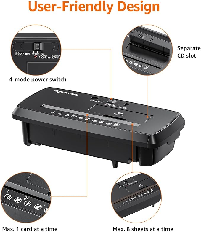 Amazon Basics 8-Sheet Strip Cut Paper, CD, and Credit Card Shredder with Auto-Off Compact, Portable Design, No Basket, Extendable Arm, Black