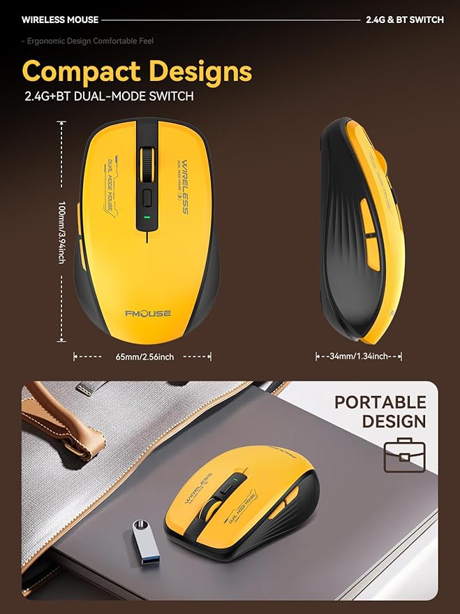 Wireless Mouse (Bluetooth & 2.4GHz USB) with Forward/Backward Side Keys, Silent Click, Ergonomic Portable AA Battery Mice for Laptop/Mac/iPad - Office & Travel Use, Yellow & Black