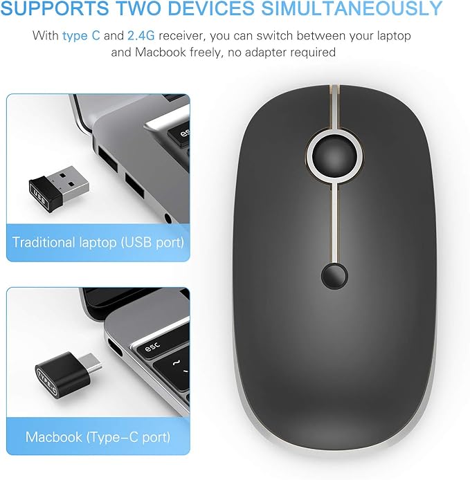 Type C Wireless Mouse,Vssoplor USB C MacBook Wireless Mouse Dual Mode 2.4G Cordless Mice with Nano USB and Type C Receiver Compatible with PC, Laptop, MacBook and All Type C Devices-Black and Silver
