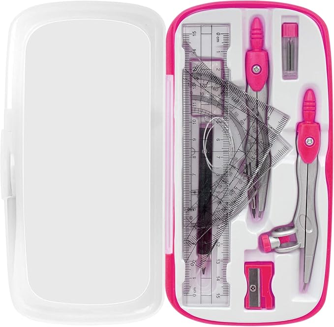 Maths Compasses Full Starter Geometry Kit with 2 Drafting Compasses Protractor 2 Set Squares Ruler Pencil and More for Students Maths Study Homework etc. Pink