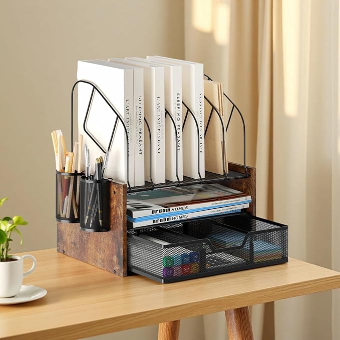 Wood Desk Organizer - 2-Tier Desktop File Organizer with Drawer with Vertical File Holder, Wooden Paper Tray, Office Desk Organzier and Accessories for Papers, Mail, Notebooks, Stationery