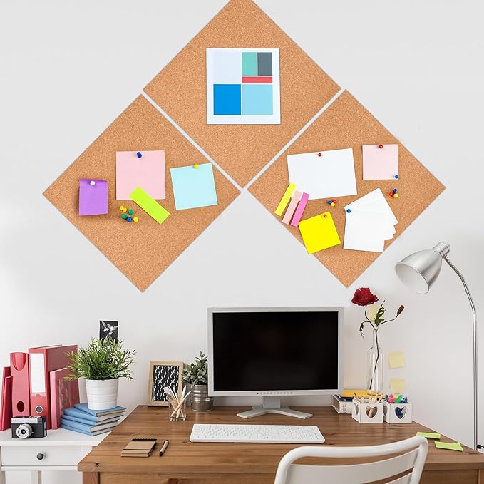 6 Pac Self-Adhesive Square Cork Boards for Wall with 100 Push Pins for Bulletin Boards Cork Wall Home School Office Decorative(12"x12"x1/4" )