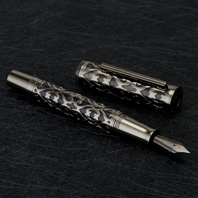 Hongdian D1 Piston Fountain Pen Fine Soft Nib, Jet Black Hollow Skeleton & Resin Pen with Metal Case Set