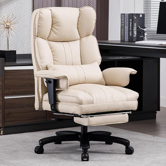 Big and Tall Office Chair 500lbs Wide Seat Executive Office Desk Chair High-Back Office Task Chair with Foot Rest, Ergonomic Lumbar Support Computer Office Chairs for Heavy People(Beige)