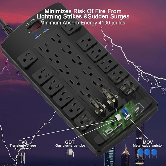 QINLIANF Surge Protector Power Strip - 10Ft Flat Plug Heavy Duty Extension Cord with 24 Outlets and 4 USB Ports(2 USB-C Ports), 1875W/15A, 4100J, for Home, Office, Dorm, ETL Listed, Black