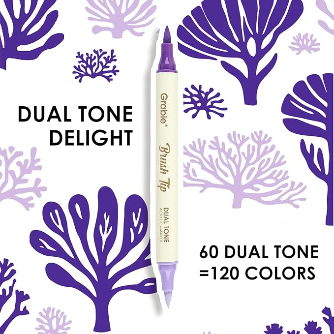 Grabie 120 Colors Dual Tone Brush Tip Acrylic Markers, Dual-Color Paint Markers with 60 Brush Tips, Double Tipped Acrylic Paint Pens for Fabric, Canvas,DIY, Canvas Art Supplies