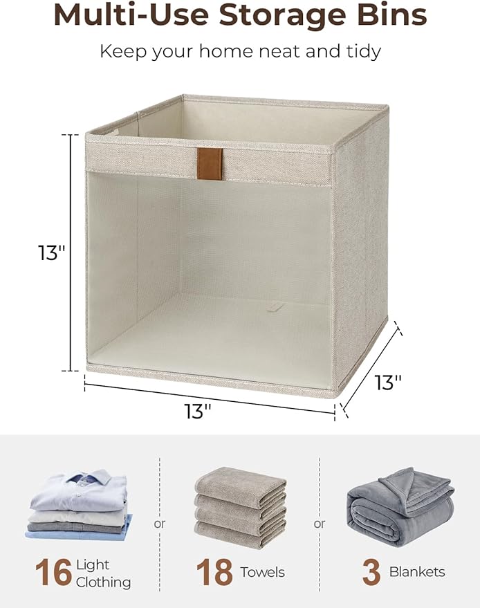 StorageWorks 13x13 Storage Cubes, Closet Storage Bins with Clear Window, Large Fabric Organizer for Clothes, Collapsible Storage Baskets with PU Handles, Brown and Beige, 3-Pack