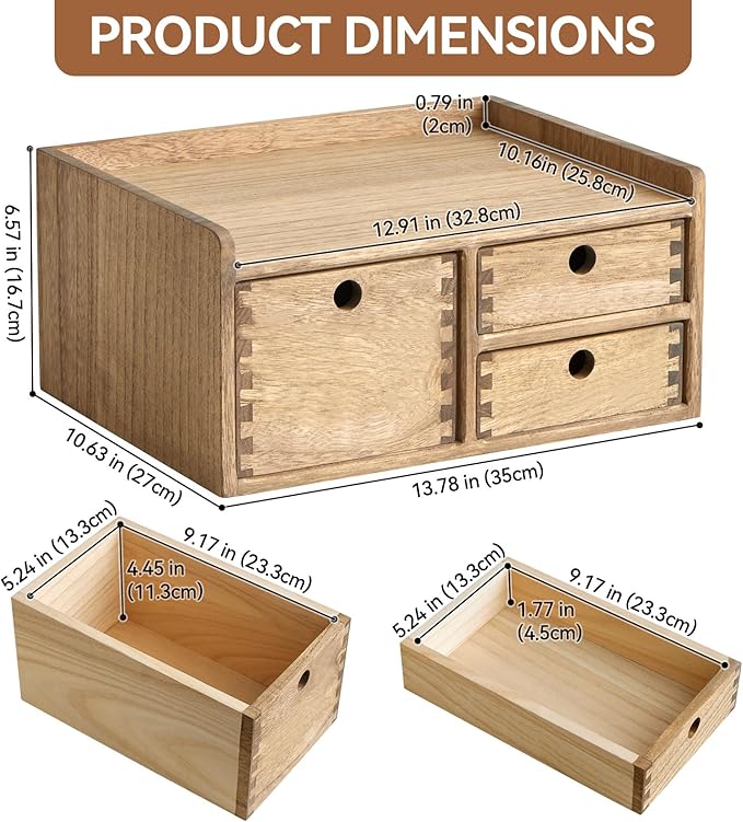 KIRIGEN Desk Organizer with 3 Drawers - Wood Drawer Storage Box with Trays for Tabletop - Workspace Office Toiletries Supplies Tool Caddy - Wooden Storage Cabinet1 Layer Dark Brown(DT1D3C-DBR)