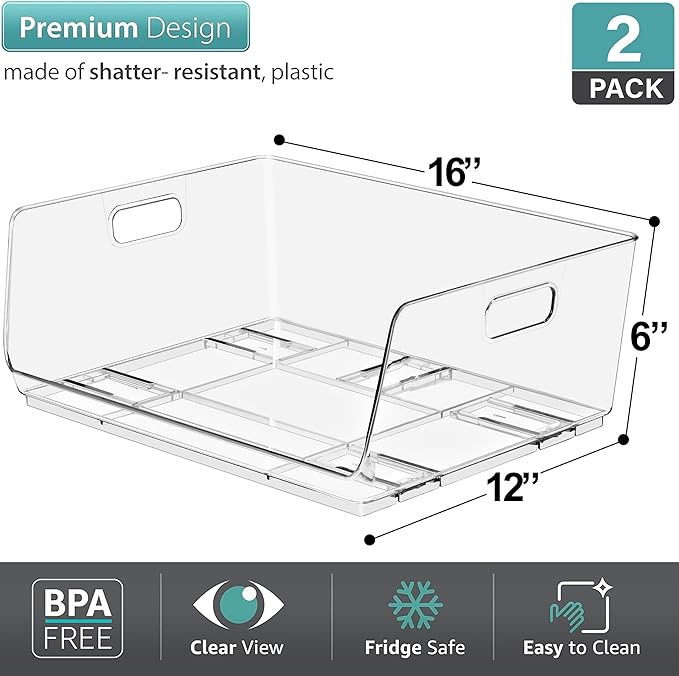 Sorbus Stackable Storage Bins - Clear Open Front Pantry Organizer for Kitchen Organization - Acrylic Bins (Large 2 Pack)