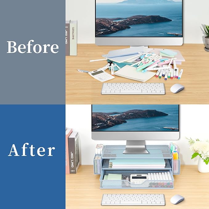 AUPSEN Computer Monitor Stands Riser,2-Tier Desk Organizers and Accessories, Office Desk Accessories Organizer with Drawers and 2 Pen Holder for Office Supplies (Blue)