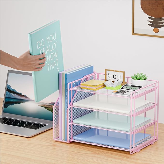 Marbrasse Desk Organizer and Accessories,4-Tier Paper Letter Tray Organizer with File Holder,Desk Accessories & Workspace Desktop Organizers for School Home Office Supplies (Pink)