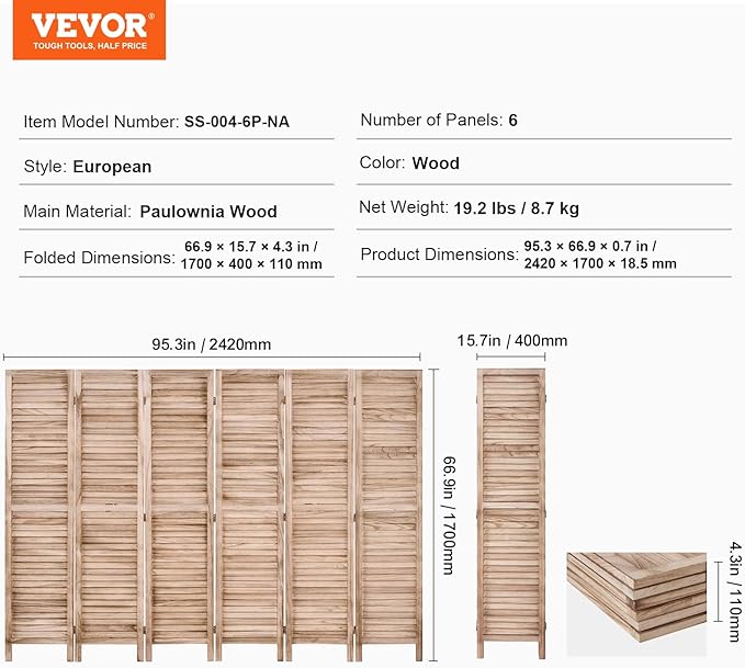 VEVOR Wood Room Divider, 6 Panel Wood Folding Privacy Screen, 66.9 Inches Tall Indoor Louvered Partition Divider, Portable Decoration Screen, for Room Separation, Home, Office, Restaurant & Bedroom