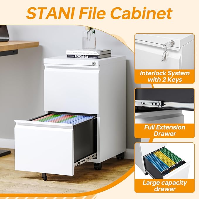 2 Drawer Mobile File Cabinet with Lock Steel Small Rolling File Cabinet Legal/Letter/A4 Size Under Desk Metal Filing Cabinet for Home Office Vertical Filing Cabinet Printer Stand Fully Assembled