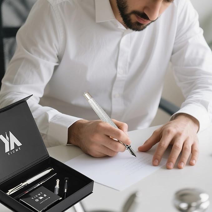 Fancy Fountain Pen Set – Fine & Medium Nibs, Includes 18 Ink Cartridges, Ink Converter, Syringe Filler, Luxury Gift for Writing, Journaling & Calligraphy,Silvery