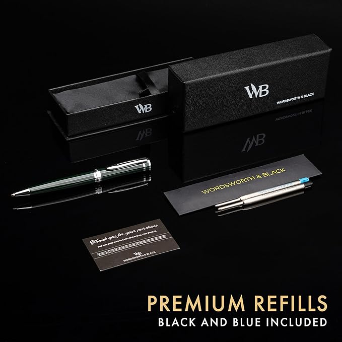 Wordsworth and Black Ballpoint Pen Green Lacquer- Stunning Luxury Pen Chrome Finish, Ink Refill, Best Gift Set for Men & Women, Refillable, Elegant, Nice Pens, Fine Point