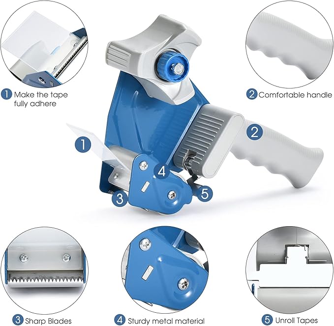 Packing Tape Dispenser Gun (4 Packs) Pacific Mailer 2 Inch Tape Gun Dispenser with 2 Inch Carton Packing Tape, Lightweight Industrial Side Loading Tape Dispenser - Blue