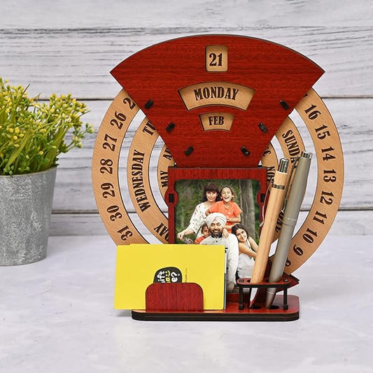 GKD Wooden Desk/Table Calendar to Lifetime Infinite Calendar 2025 with Desk Organizer and Photo Frame for Office/Home (Red)