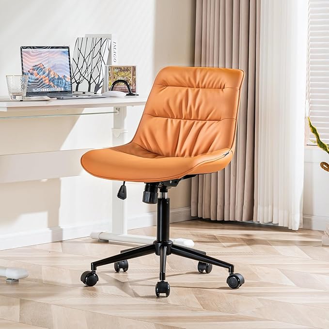 Kidol & Shellder Faux Leather Office Chair, Adjustable Swivel Height Task Chair, Rolling Wheels & Soft Backrest - Armless Ergonomic Desk Chair for Home, Office,Vanity,Gaming(Orange)