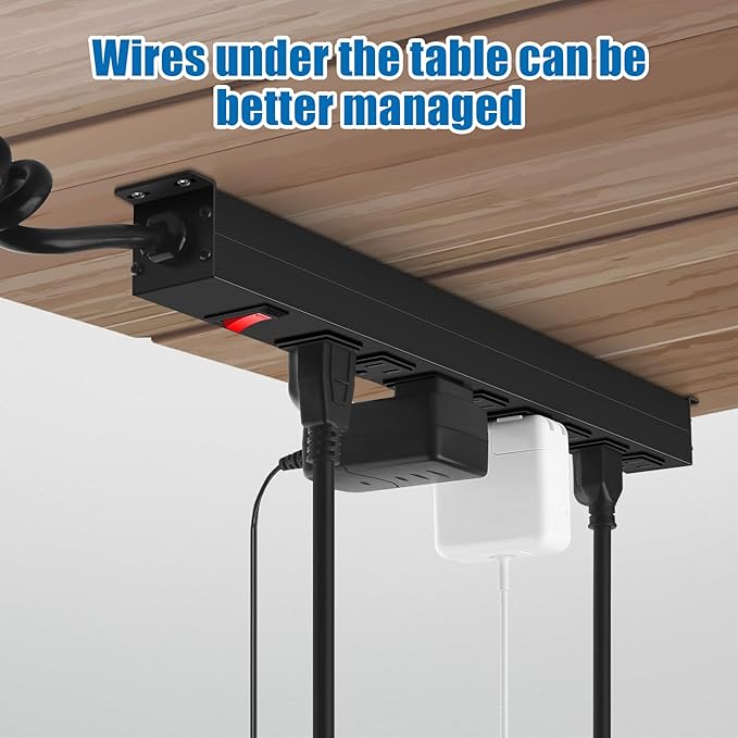 HHSOET 8 Outlet Metal Wall Mount Power Strip, Mountable Outlet with Switch, Heavy Duty Wide Spaced Surge Protector, 10 FT SJT 14AWG Black Spring Cord.