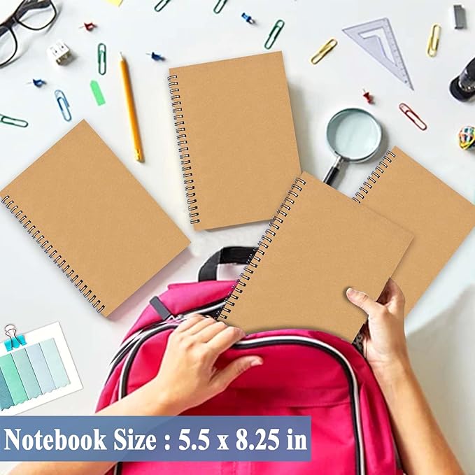 GINMLYDA 4Pack Small Spiral Notebook A5, 8.25x5.5β 120 Lined Pages Wide Ruled Spiral Journal Bulk Blank Kraft Cover Spiral Bound Notebook & Writing Pads for Home Office Meeting Work Note Taking