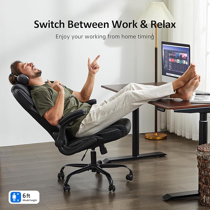 Office Chair, Executive Leather Chair Home Office Desk Chairs, Ergonomic Computer Desk Chair with Adjustable Flip-Up Arms, Lumbar Support Swivel Task Chair with Rocking Function (Black)