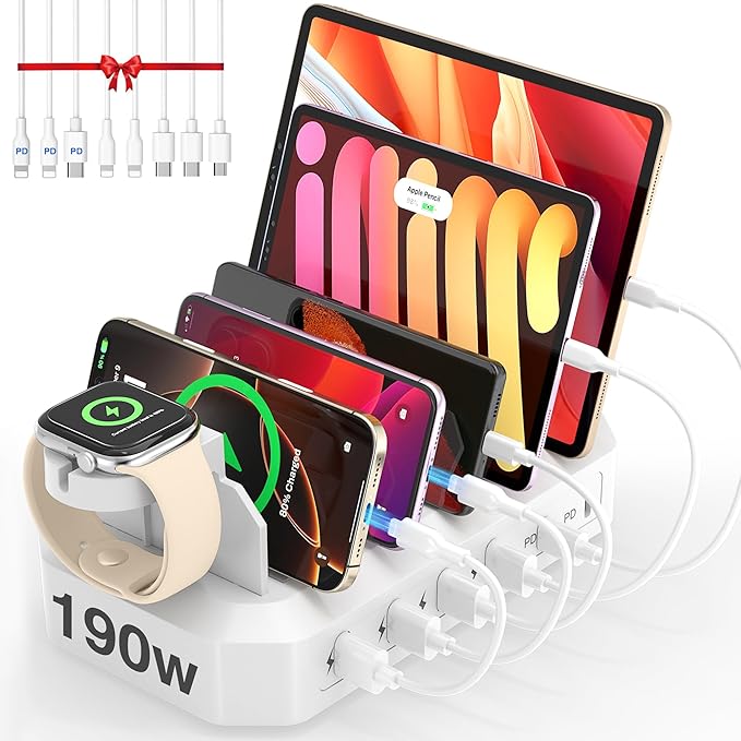 190W Fast Charging Station for Multiple DevicesใCertified Safer Chargingใ 6 Port USB Charger Station - Family Multi-Device Organizer Charging Dock Compatible with iPhone/Android/MacBook/iPad/Tablet