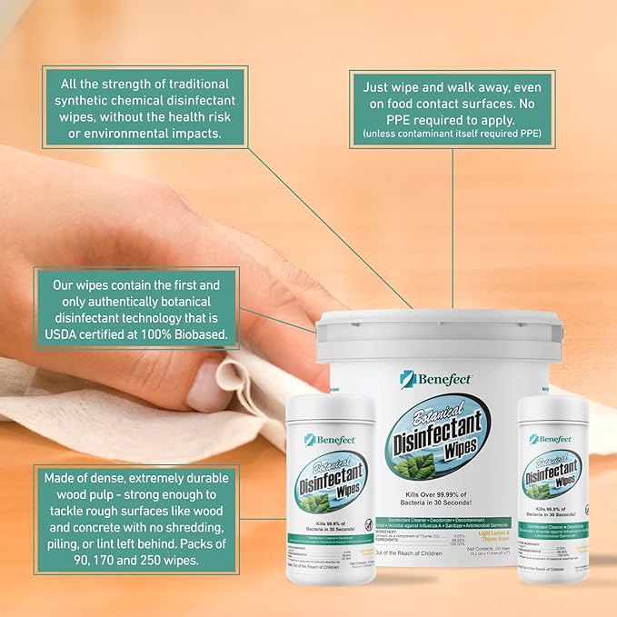 Benefect Botanical Disinfecting Wipes - (90 Wipe Count) Natural, No Residue - Antibacterial Disinfectant, Multi-Surface Cleaning and Sanitizing Wipes