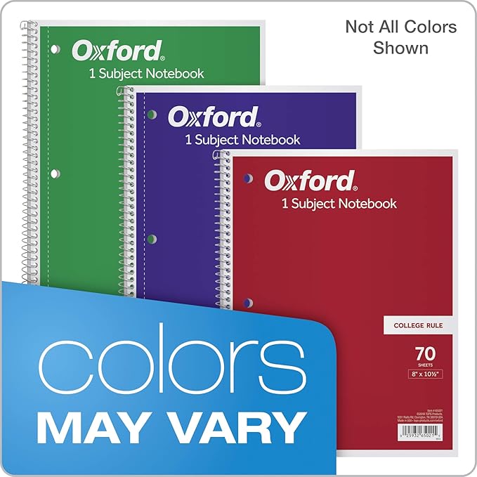 Oxford Spiral Notebooks, Bulk College Ruled Spiral Notebooks for School, 1-Subject, College Ruled Paper, 70 Lined Sheets, 24 per Pack, 3-Hole Punch, Colors May Vary (65021)