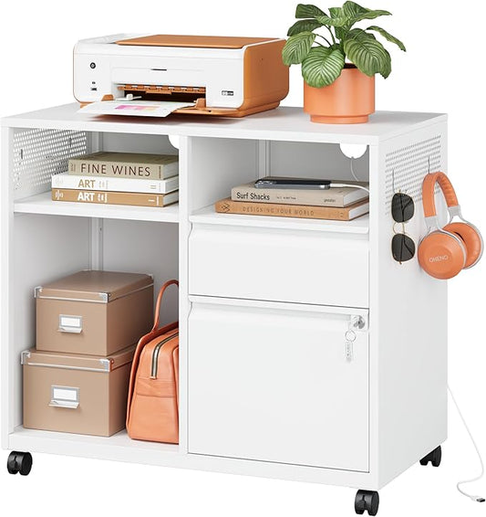 Metal File Cabinet,Lateral Filing Cabinet with Lock for Letter/A4 Size Files,Rolling Printer Stand with Open Storage Shelves for Home Office(White)
