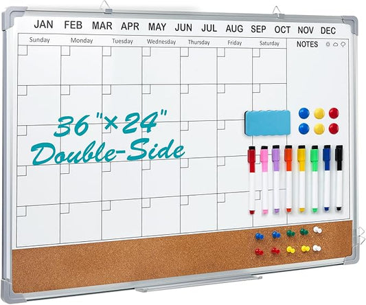 Calendar Whiteboard for Wall,36" x 24" White Board Calendar Dry Erase with Silver Aluminum Frame,Double Side Wall Hanging Board for Office,Home,Kitchen