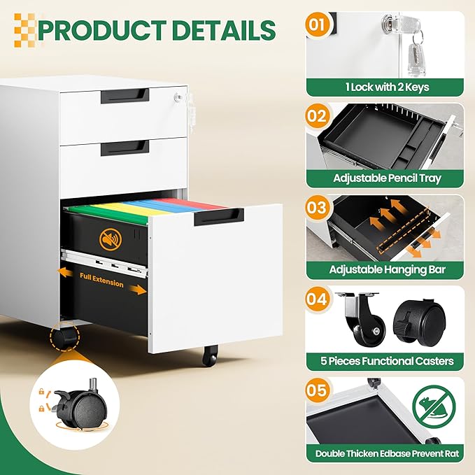 Mobile File Cabinet,3 Drawer Locking Storage Filing Cabinet,Office Metal Storage Cabinet on Wheels for Legal/Letter/A4 File(Fully Assembled,White)