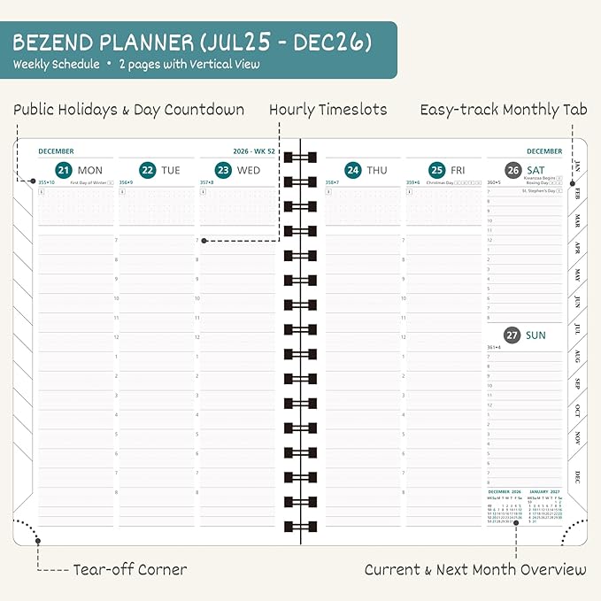 BEZEND Planner 2025-2026 Weekly and Monthly, 5.8" x 8.5" Academic Calendar (Jul 25-Dec 26) Vertical Daily Appointment with Hourly Timeslot & Monthly Tab, Spiral, PU Leather Softcover - Black
