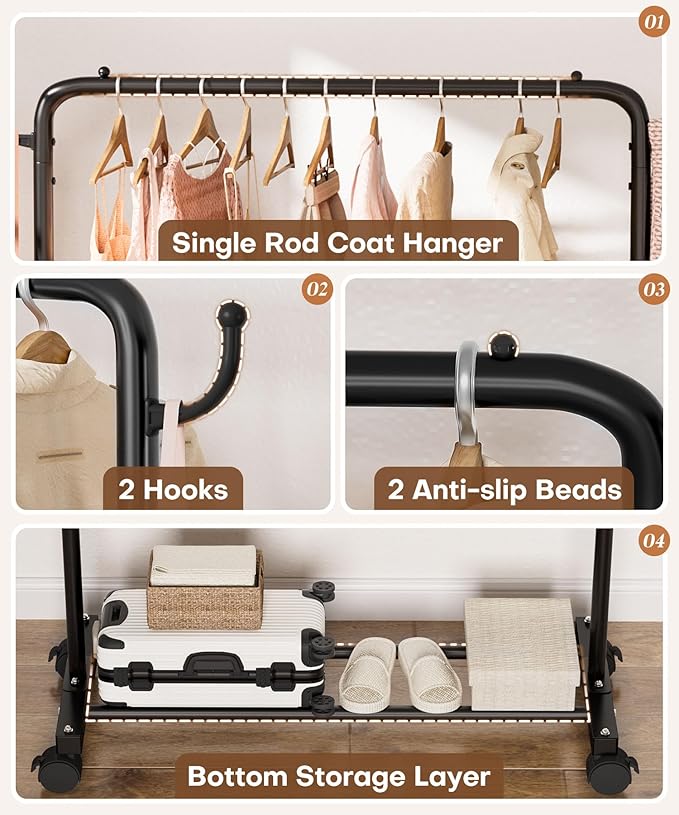 Homde Heavy Duty Clothes Rack: 120lb Standing Garment Storage for Indoor - Rolling Hanging Rod for Bedroom Laundry Room - Coat Dress Organizer on Wheels with luggage shelf (Black,32")