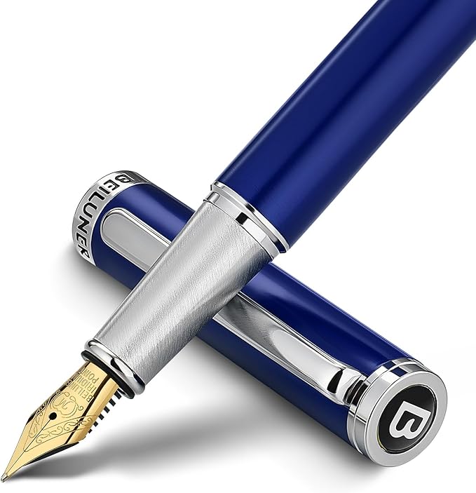 BEILUNER Luxury Fountain Pen Set,Solid 24K Gilded Medium Nib, Modern Classic Limited Edition -Includes 6 Ink Cartridges&Ink Refill Converter with Gift Case-Perfect for Men and Women(Charming blue)