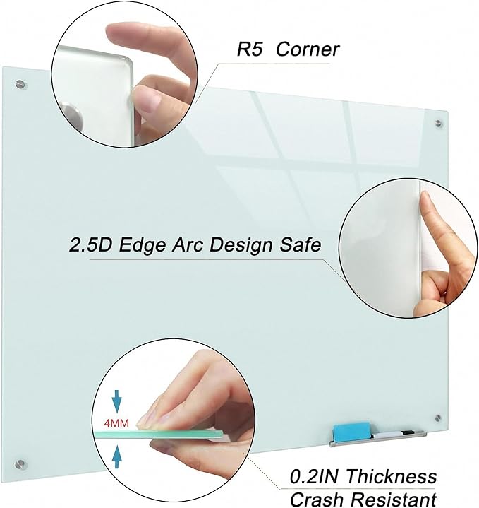 Magnetic Glass Writeboard 48"X36" Premium Tempered Dry Erase Boards Wall Mounted Frameless Whiteboard Bulletin Message Boards (White)