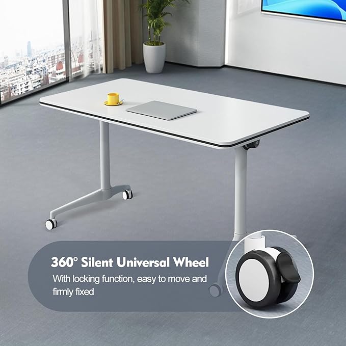 Folding Conference Room Table, Modern Mobile Training Table with Wheels, White Foldable Seminar Meeting Tables for Office Corporations (4pack 55.1in)