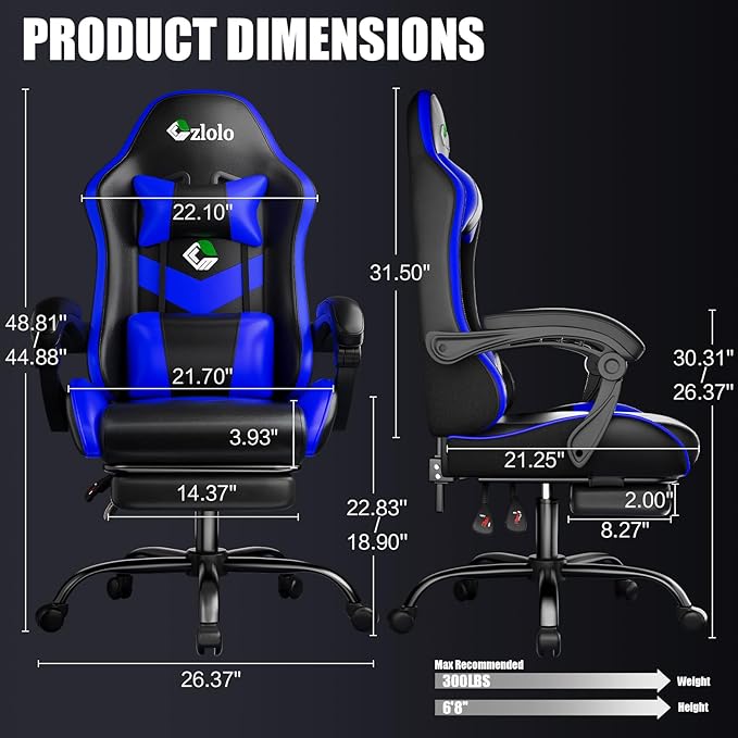 Gaming Chair, Ergonomic Office Computer Chair with Footrest and Lumbar Support Massager Racing Style High Back Video Gamer Chair, Wide&Thick Cushion, 90°-135° Recline, Adjustable Height, Blue