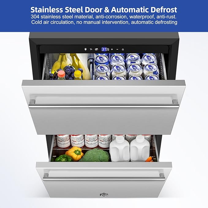 Tylza 24 Inch Under Counter Drawer Fridge, Built-in Beverage Refrigerator for Home and Commercial Use, Stainless Steel Door, Fast Cooling, Low Noise, 37-65 °F